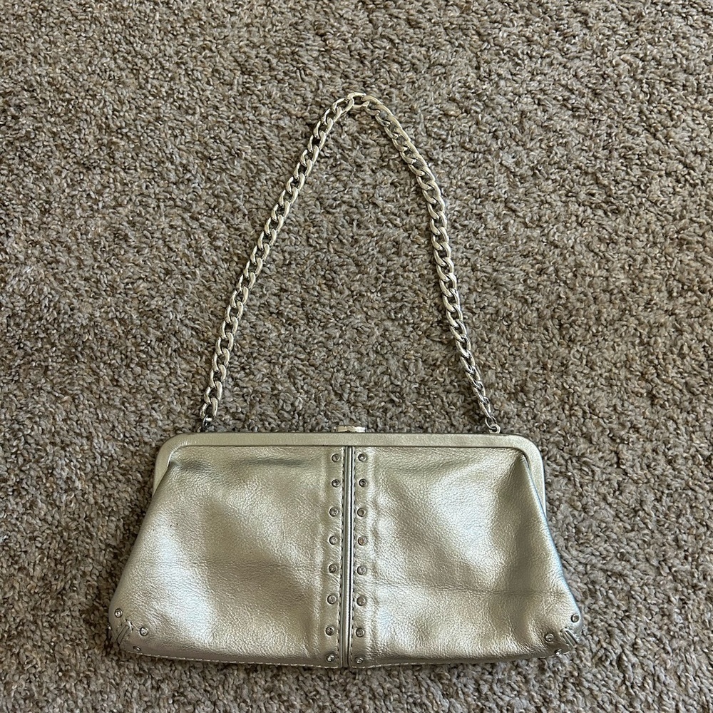 Michael Kors Silver Metallic Mini Wristlet Clutch Phone Case Chain Purse Formal